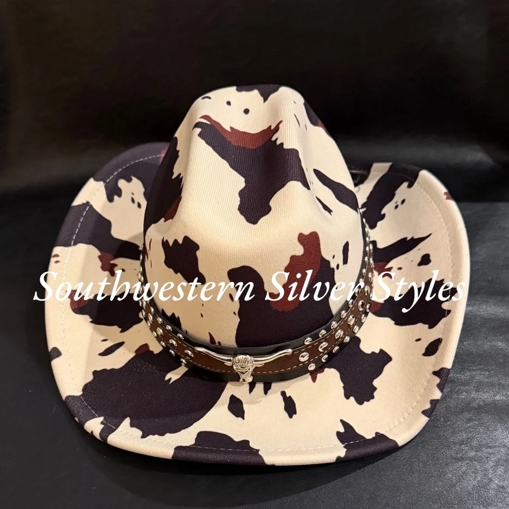 NEW Southwestern Cowhide Print Vegan Suede Leather Light Tan Brown Cowboy Hat